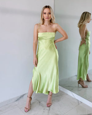 Lime Open Back Silk Midi Dress