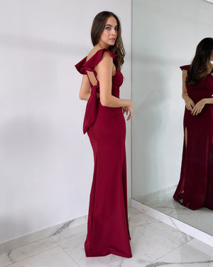 Wine Ruffle Open Leg Silk Gown Dress