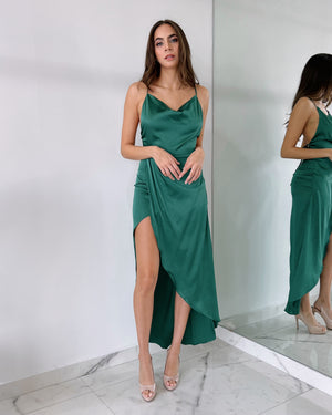 Green Open Back Silk Midi Dress