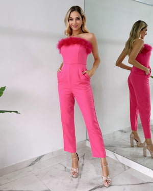 Hot Pink Strapless Feathers Jumpsuit