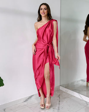 Hot Pink One Shoulder Midi Dress