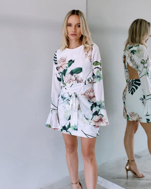 White Floral Open Back Mini Dress