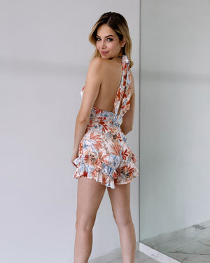 Floral V Neck Open Back Romper