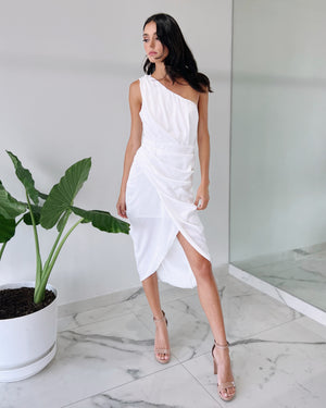 White One Shoulder Silk Midi Dress