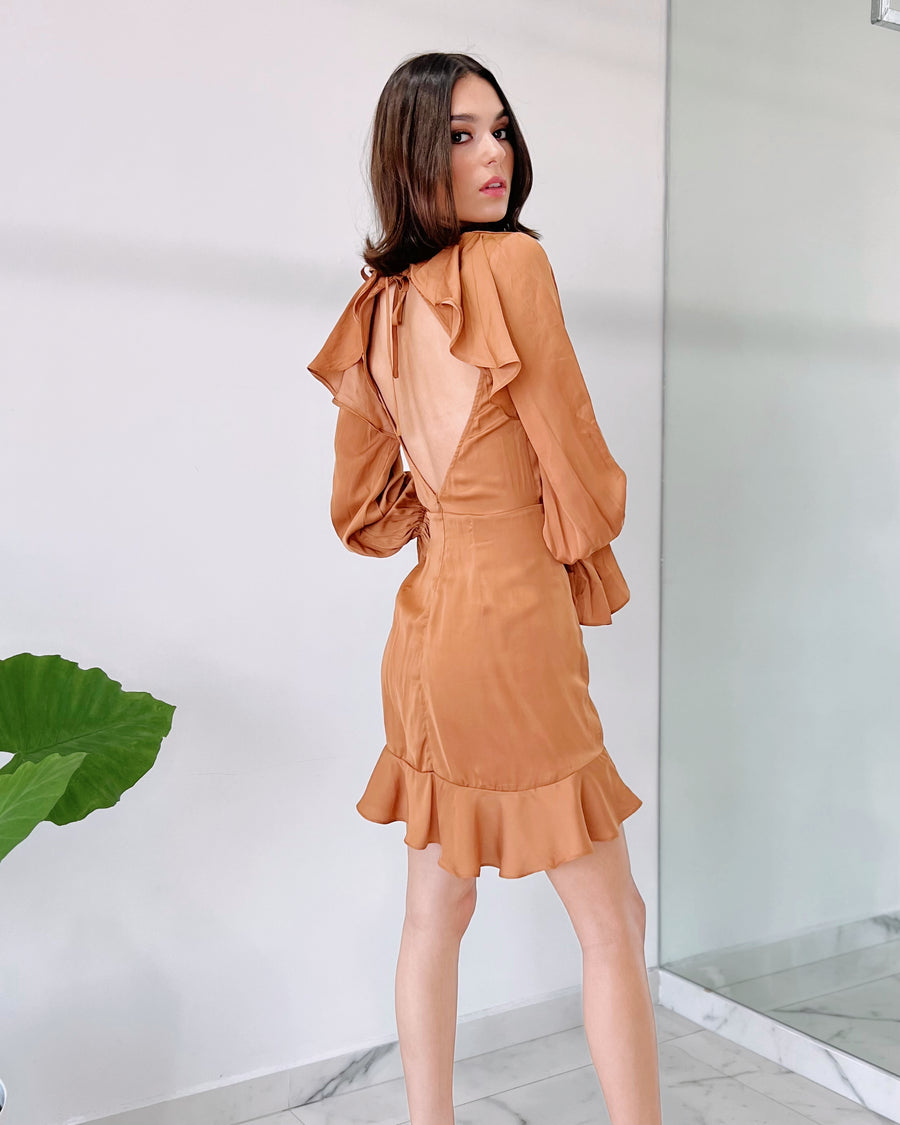 Camel Open Back Silk Mini Dress