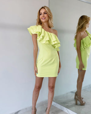 Lime One Shoulder Ruffle Short Dress