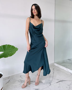 Green Basic Silk Midi Dress