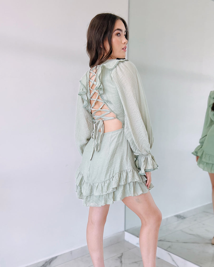 Pistachio Lace Open Back Mini Dress