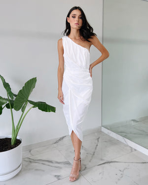 White One Shoulder Silk Midi Dress