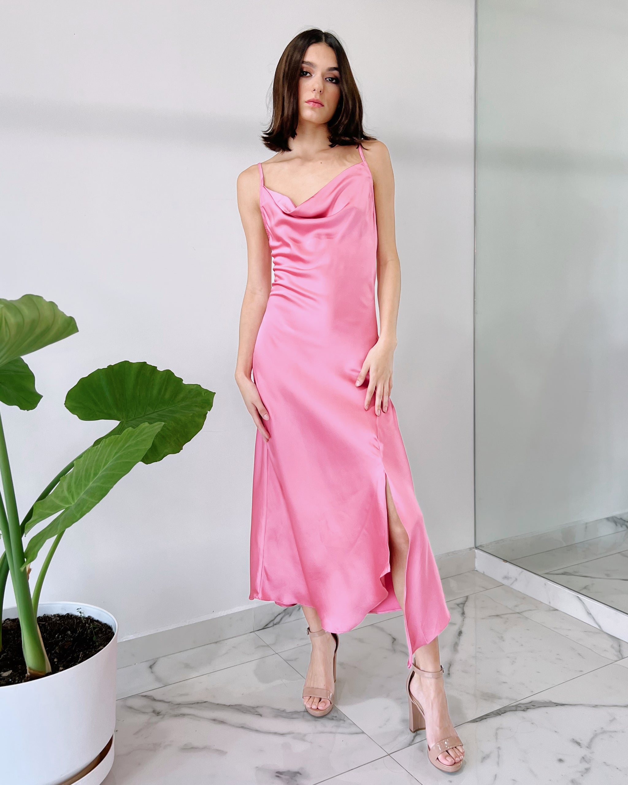 Pink silk midi dress outlet