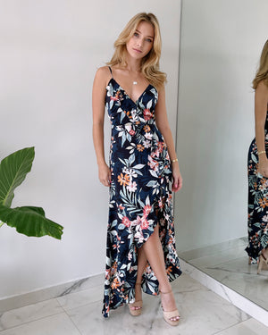 Navy Floral Silk Short Long Dress