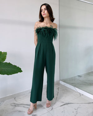 Green Strapless Feathers Jumpsuit