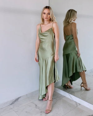 Olive Assymmetric Silk Midi Dress