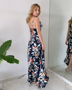 Navy Floral Silk Short Long Dress