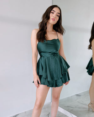 Forest Green Silk Open Back Romper