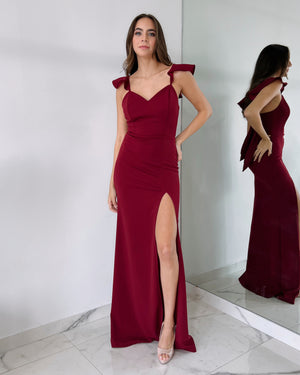 Wine Ruffle Open Leg Silk Gown Dress