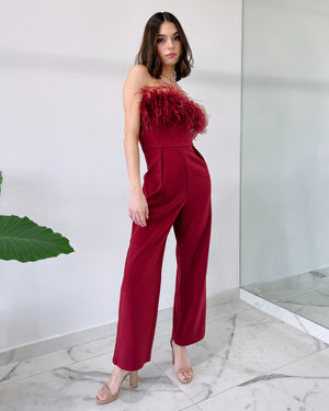Wine Strapless Feathers Jumpsuit
