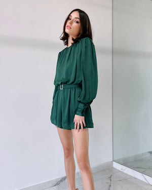 Green Satin Basic Romper