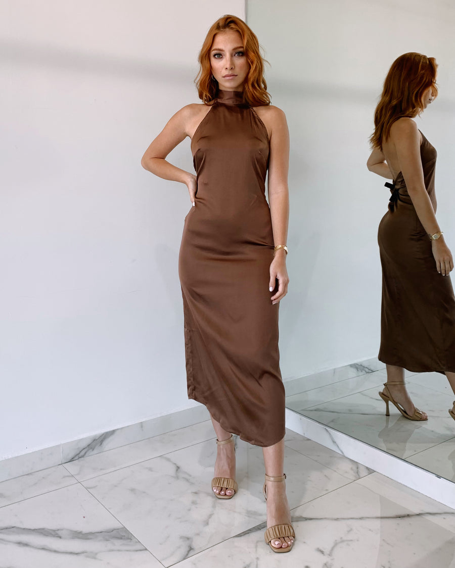 Coffee Open Back Halter SIlk Midi Dress