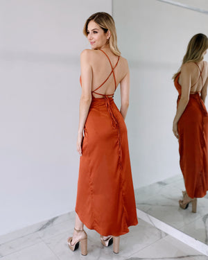 Rust Open Back Silk Midi Dress