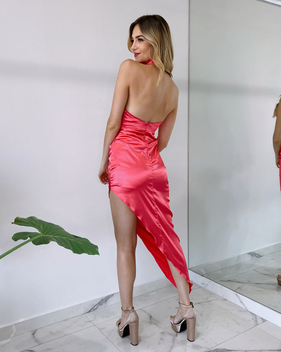 Hot Pink Halter Silk Midi Dress