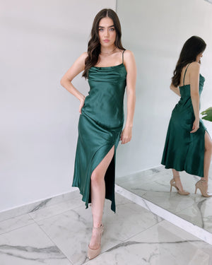Forest Green Silk Midi Dress
