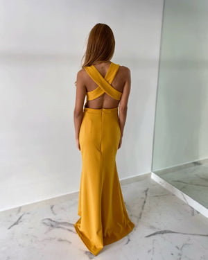 V Neck Mustard Gown Dress