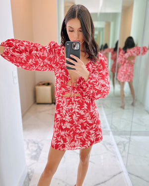 Red Floral Open Back Mini Dress