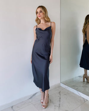 Navy Plain Silk Midi Dress