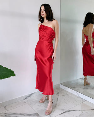 Red Open Detail Silk Midi Dress