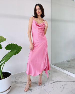 Pink Basic Silk Midi Dress