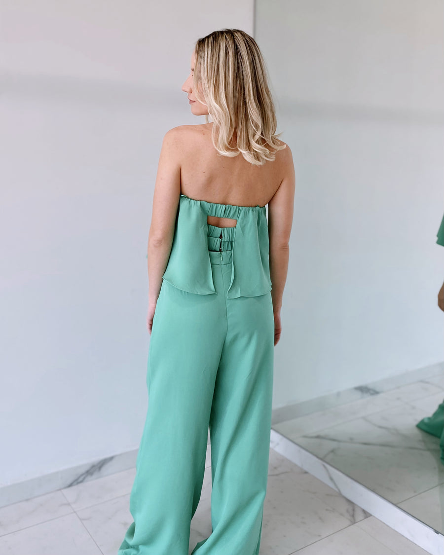 Green Ruffle Wide Open Back Jumpsuit