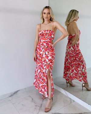 Red Floral Open Back Midi Dress