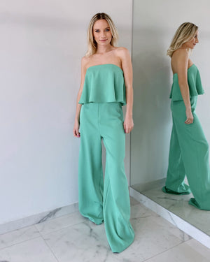 Green Ruffle Wide Open Back Jumpsuit