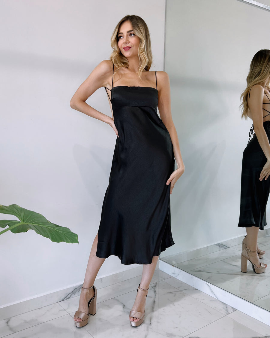 Black Open Back Silk Midi Dress