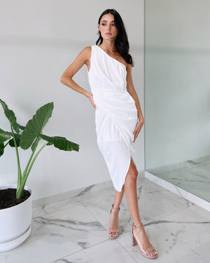 White One Shoulder Silk Midi Dress